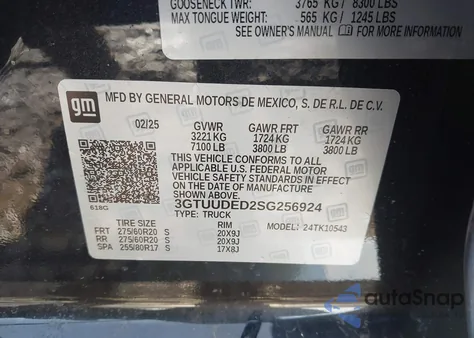 2025 GMC Sierra 1500 4Wd Short Box Slt z USA, uszkodzony, nr VIN 3GTUUDED2SG256924